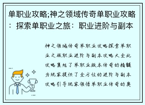 单职业攻略;神之领域传奇单职业攻略：探索单职业之旅：职业进阶与副本攻略大全