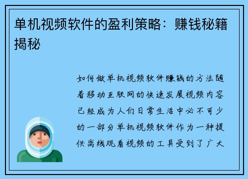 单机视频软件的盈利策略：赚钱秘籍揭秘